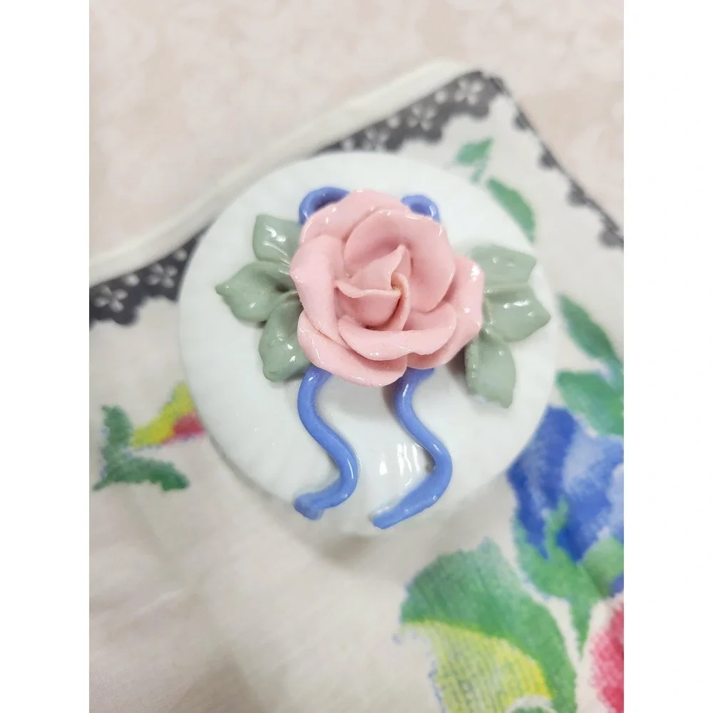 Dainty Porcelain Rose Trinket Box Round Blue Ribbon Accent 3